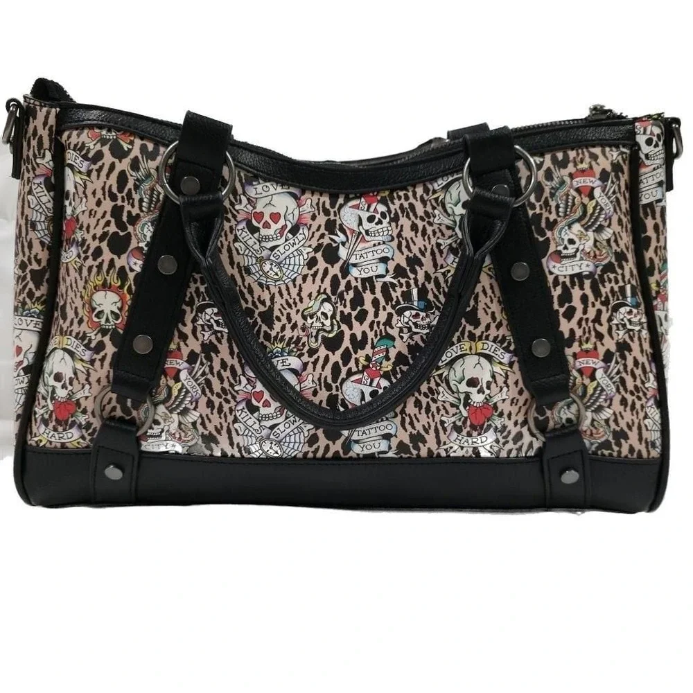 Ed Hardy Leopard Tattoo Print Satchel Handbag with Skull Hardware